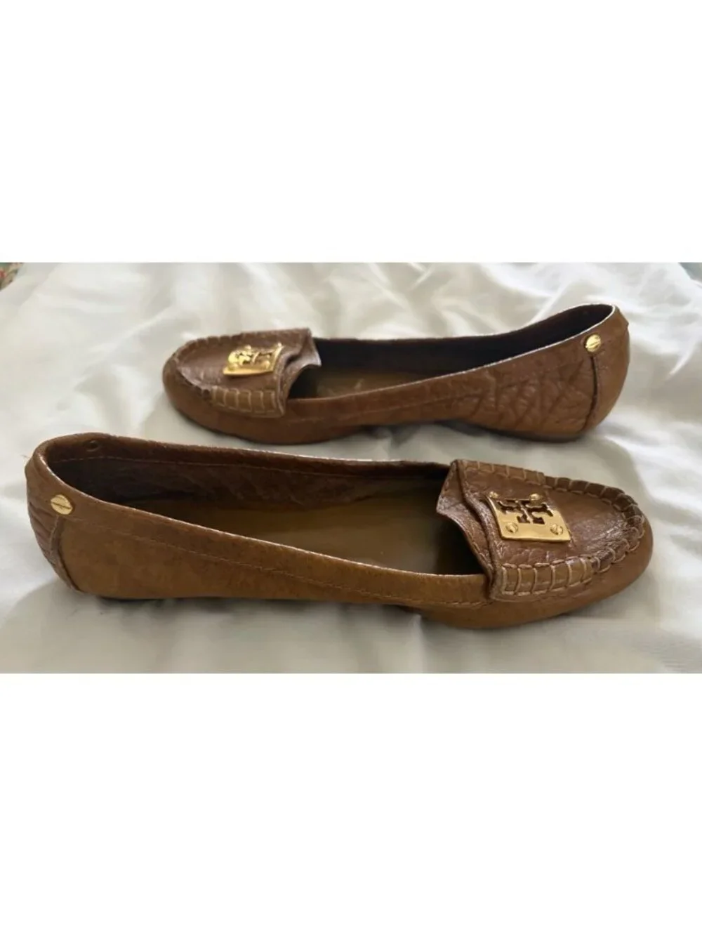 TORY BURCH Tan Carmel Textured Leather Driver Mocs Flats Size 7.5 Slip On